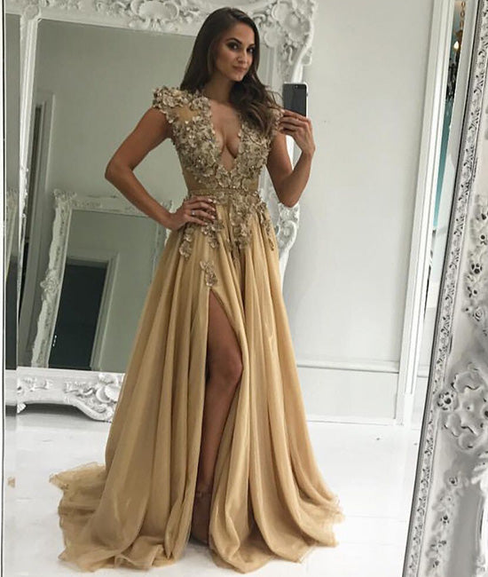 Champagne v neck chiffon lace applique long prom dresses - shdress