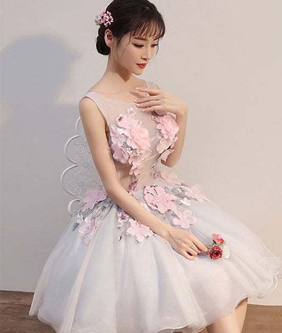 Gray round neck tulle lace applique short prom dress, homecoming dress shdress Gray round neck tulle lace applique short prom dress, homecoming dress shdress