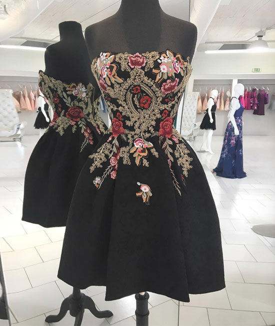 Black lace applique short prom dress, black homecoming dress - shdress