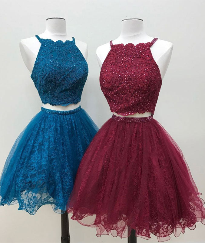 Cute two pieces lace tulle beads short prom dress, lace homecoming dress - shdress
