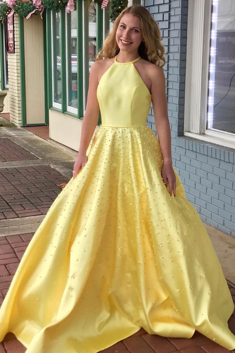 Yellow satin beads long prom dress yellow formal dress
