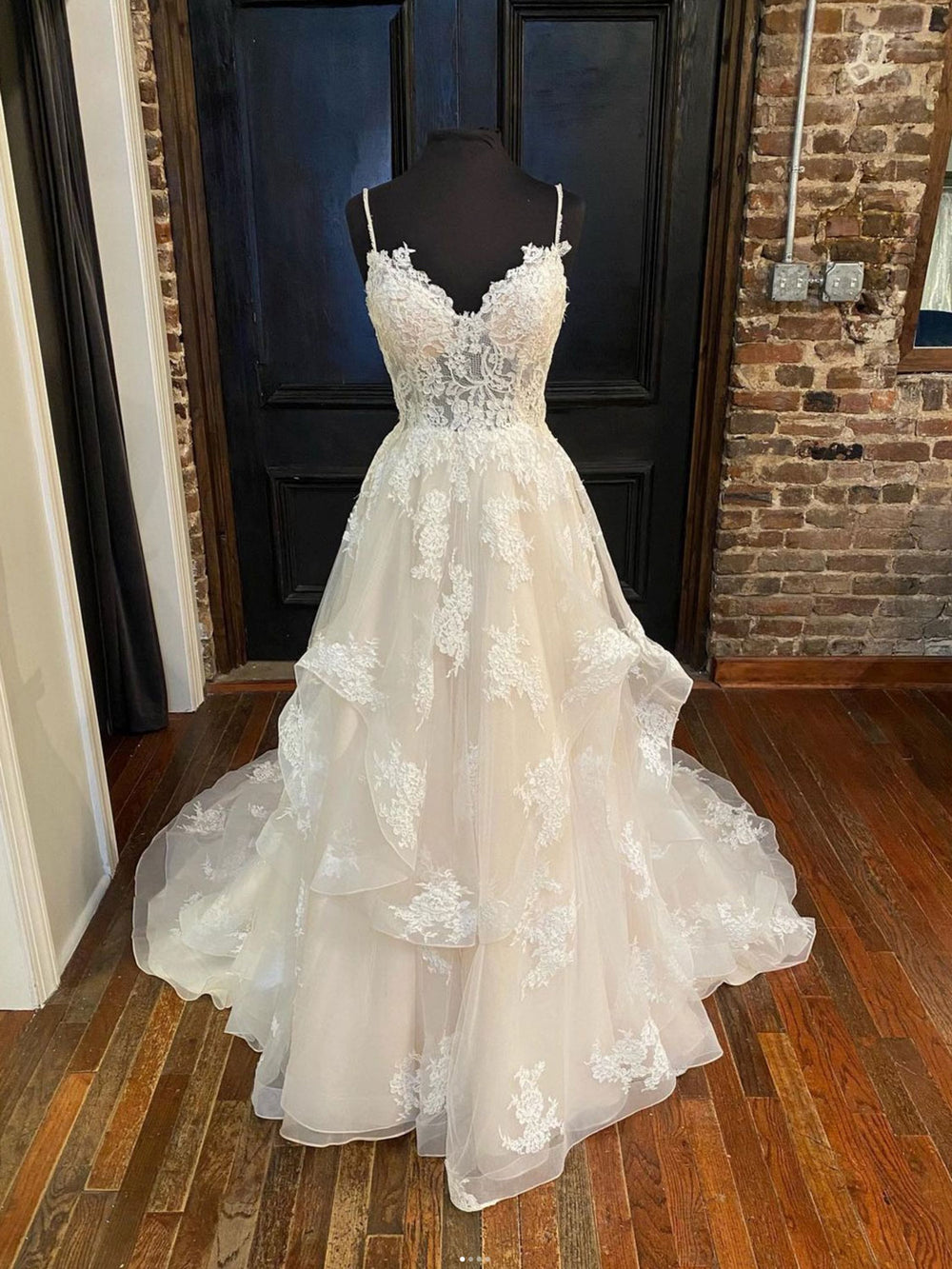 Champagne v neck tulle lace long prom dress, champagne lace evening dr – shdress