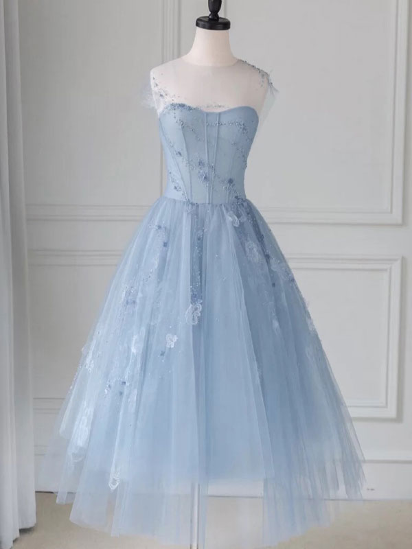 Blue round neck tulle lace short prom dress, blue homecoming dress shdress Blue round neck tulle lace short prom dress, blue homecoming dress shdress
