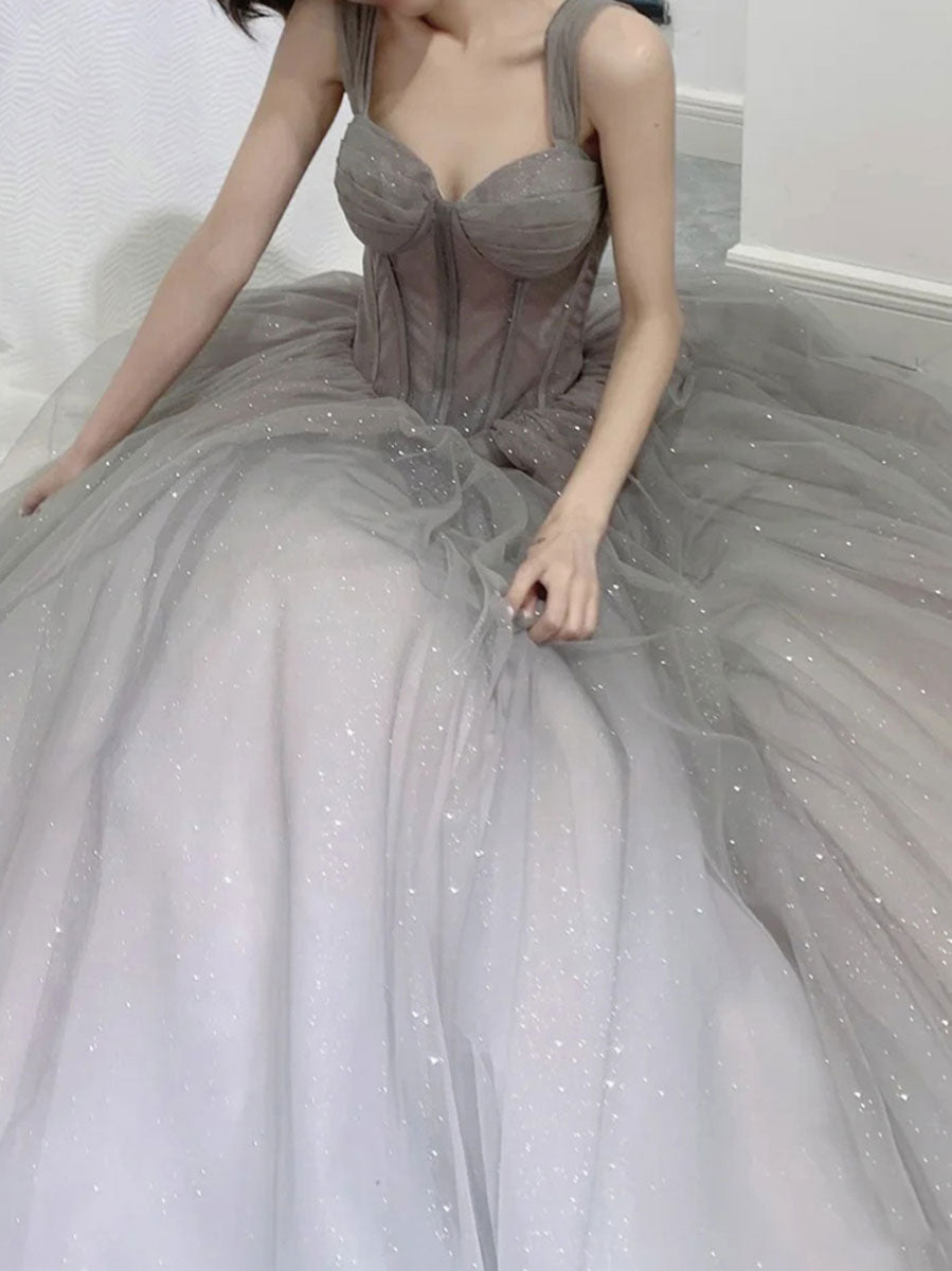 
                  
                    Gray tulle A line long prom dress, gray tulle formal dress
                  
                