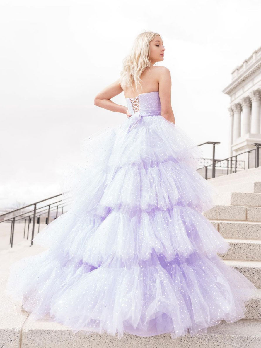 Purple tulle high low prom dress, purple evening dress