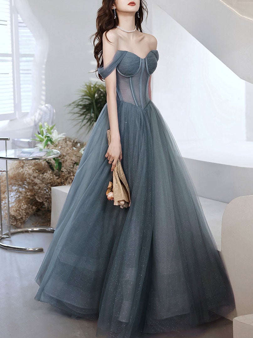 Gray blue tulle long prom dress, gray tulle formal dress shdress Gray blue tulle long prom dress, gray tulle formal dress shdress