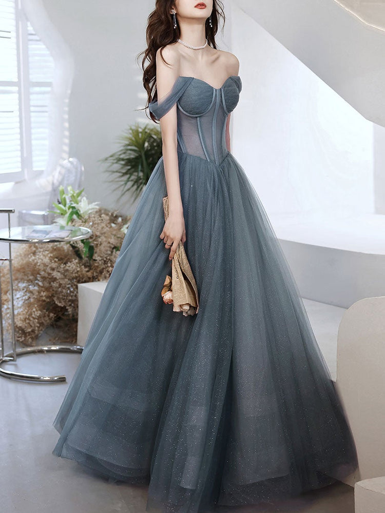 
                  
                    Gray blue tulle long prom dress, gray tulle formal dress
                  
                
