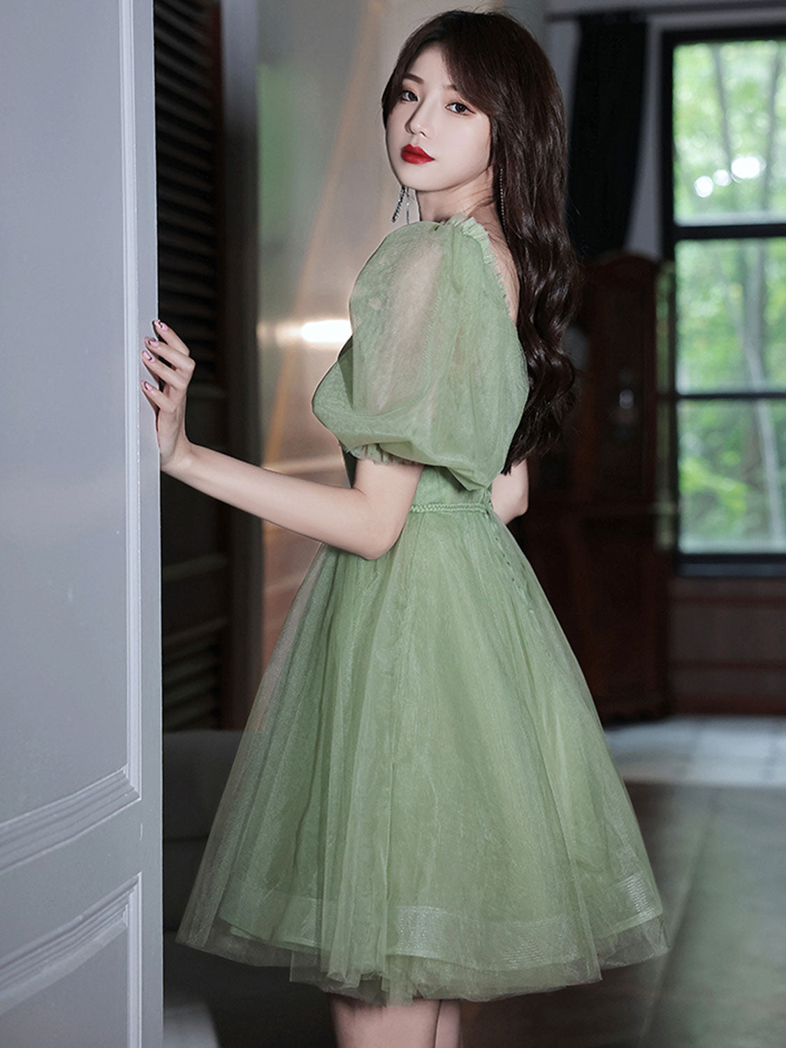 
                  
                    Green tulle short prom dress, green tulle homecoming dress
                  
                