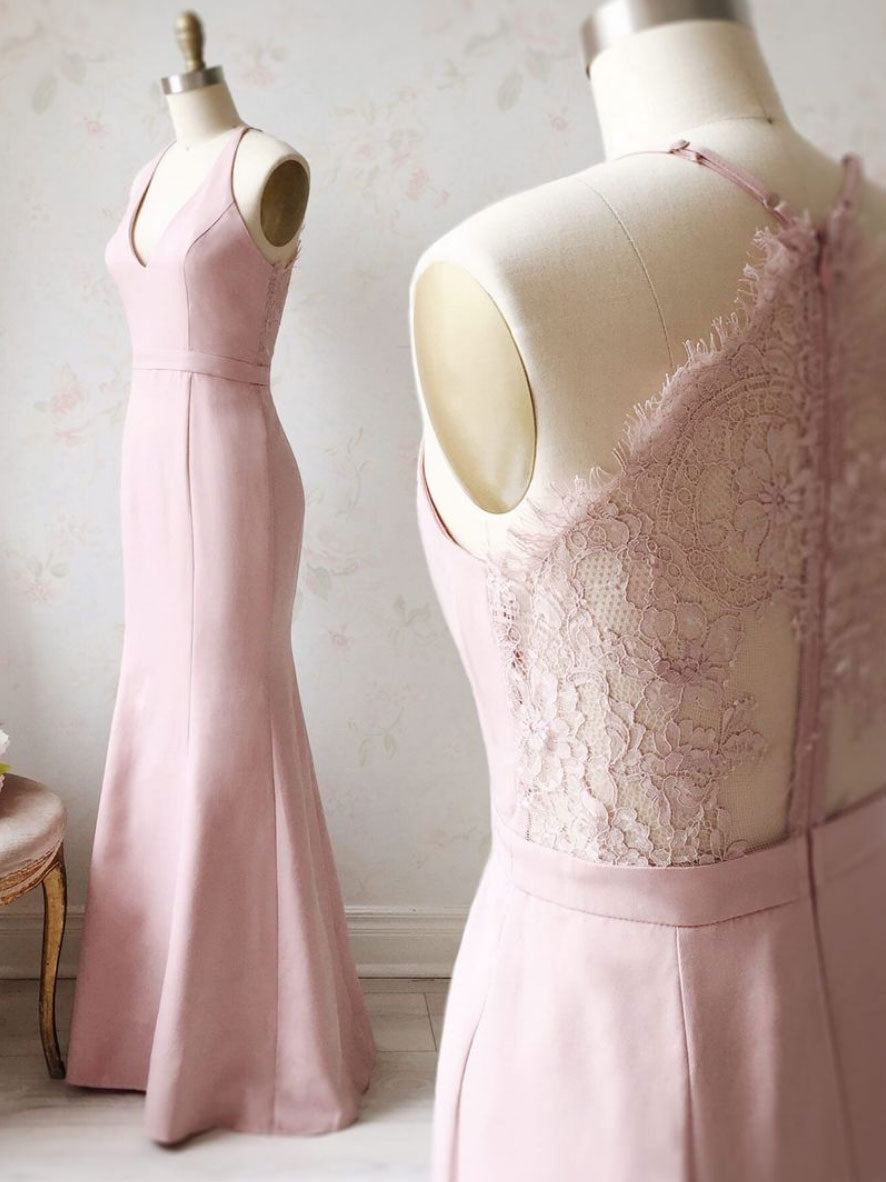 Pink v neck satin lace long prom dress, lace bridesmaid dress shdress Pink v neck satin lace long prom dress, lace bridesmaid dress shdress