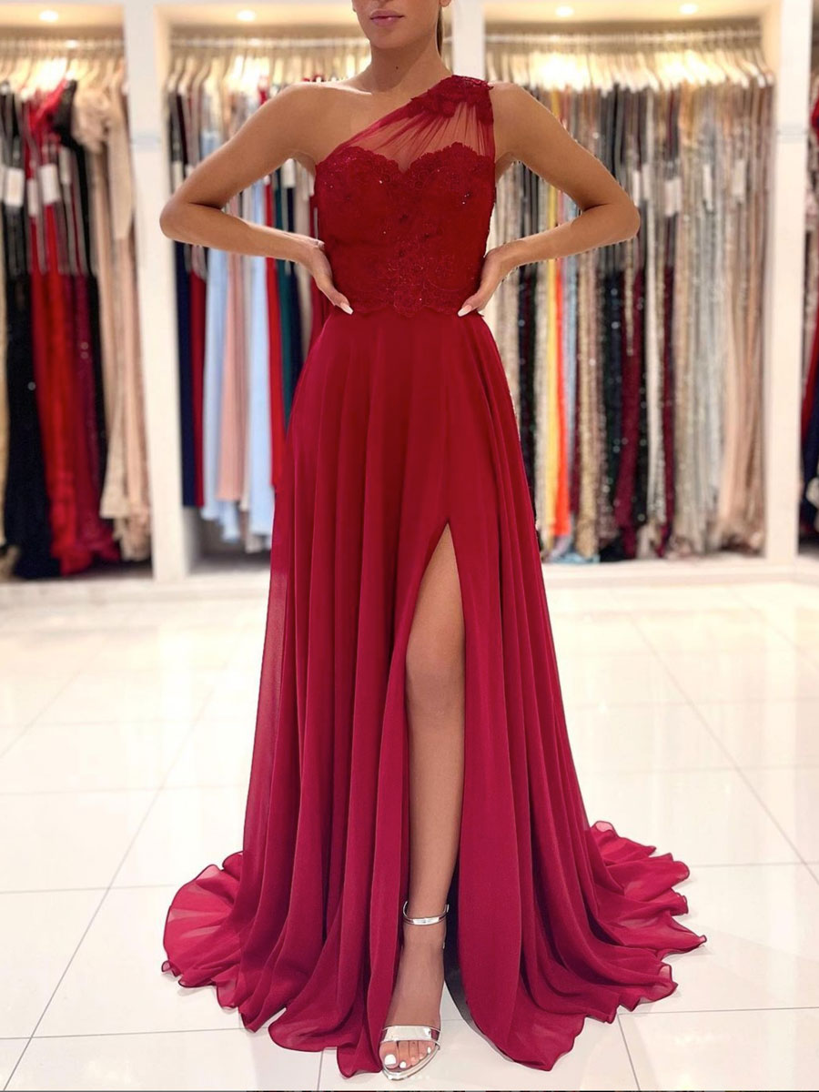 Red one shoulder chiffon lace long prom dress, red evening dress shdress Red one shoulder chiffon lace long prom dress, red evening dress shdress