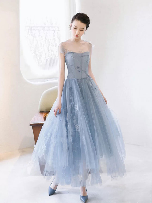 Blue round neck tulle lace short prom dress, blue homecoming dress shdress Blue round neck tulle lace short prom dress, blue homecoming dress shdress