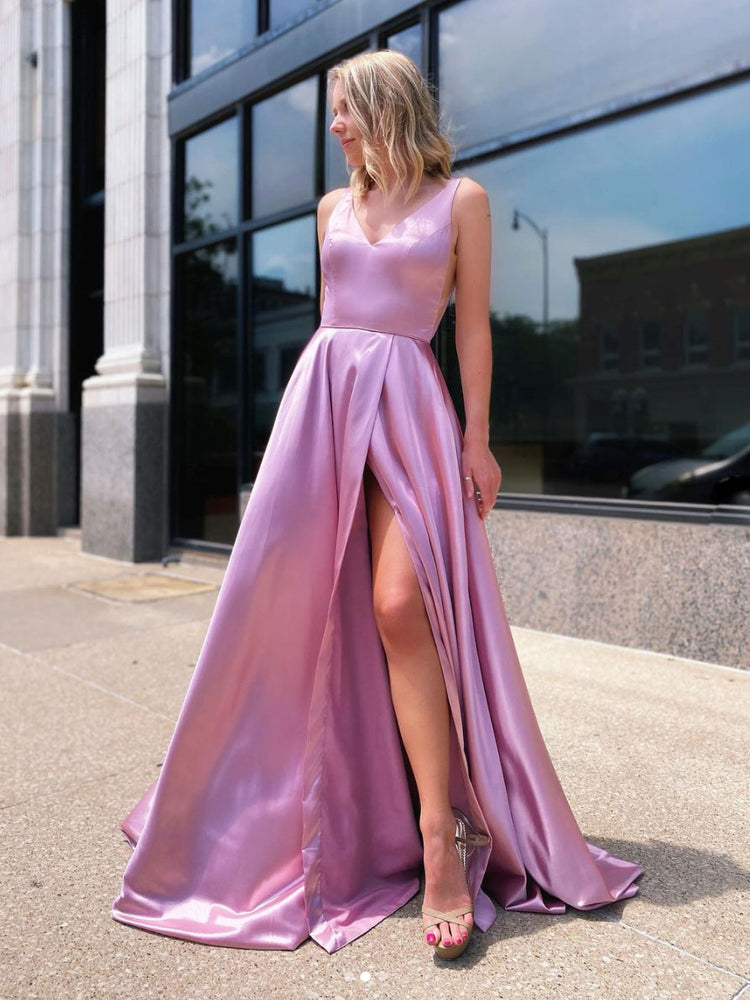 Simple pink satin long prom dress, pink long bridesmaid dress – shdress