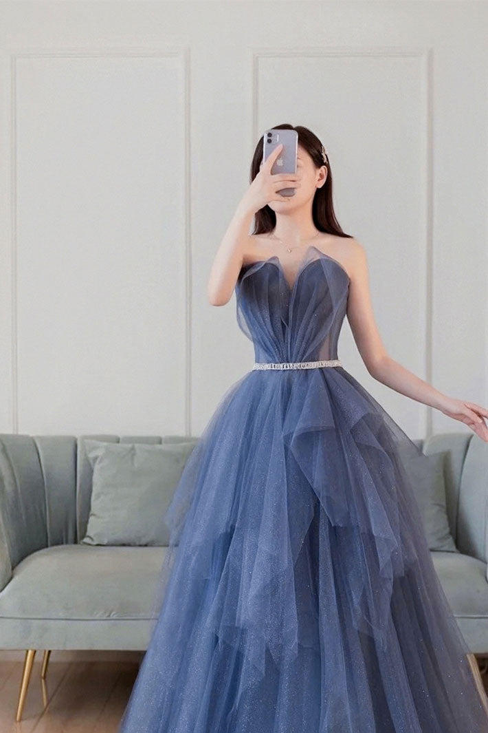 blue sweetheart neckline dress Azazie 2026 Corset Lace Up A-Line Prom Dress Shy Blue Gown