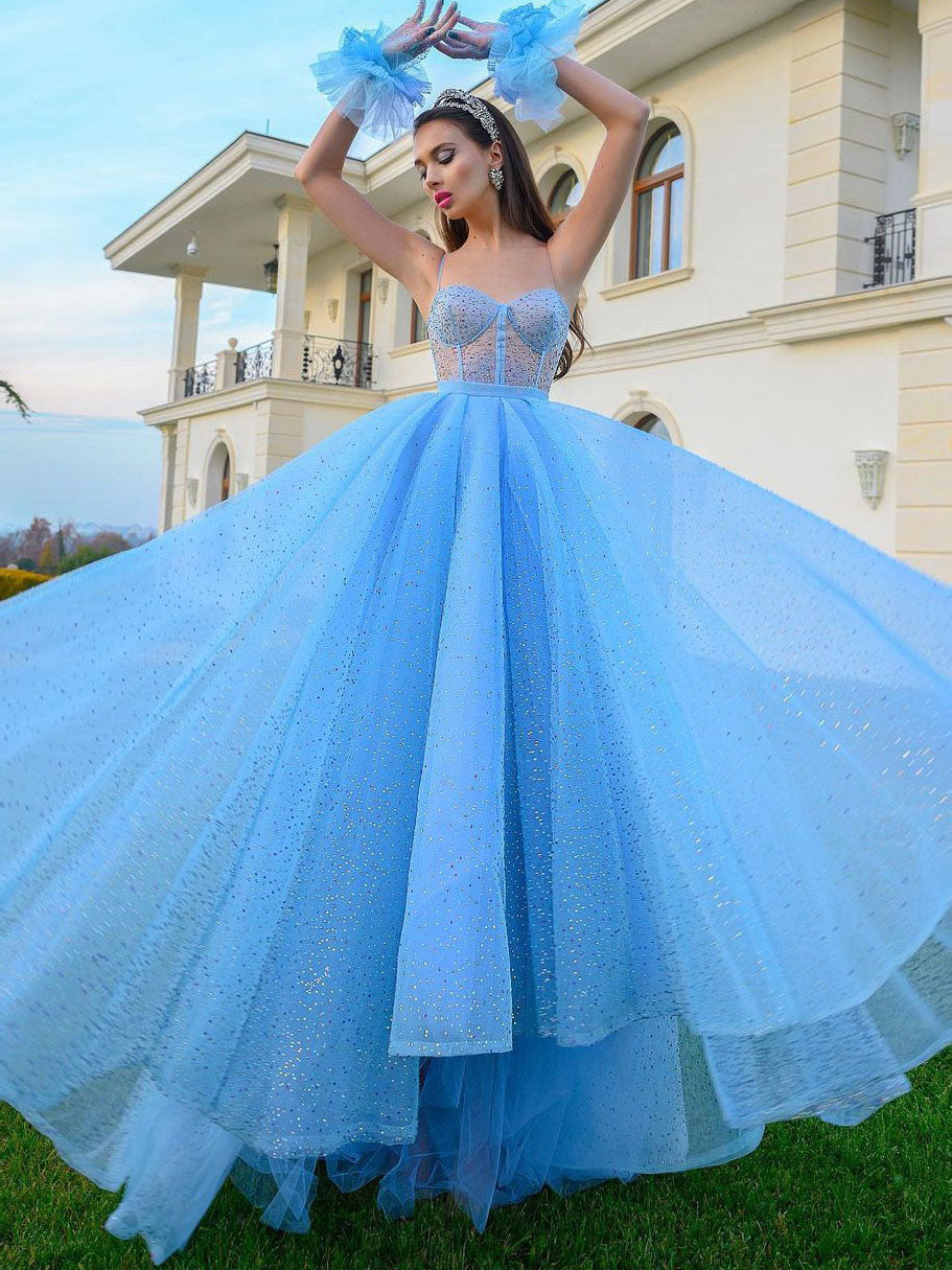 Blue sweetheart neck tulle sequin long prom dress, blue evening dress