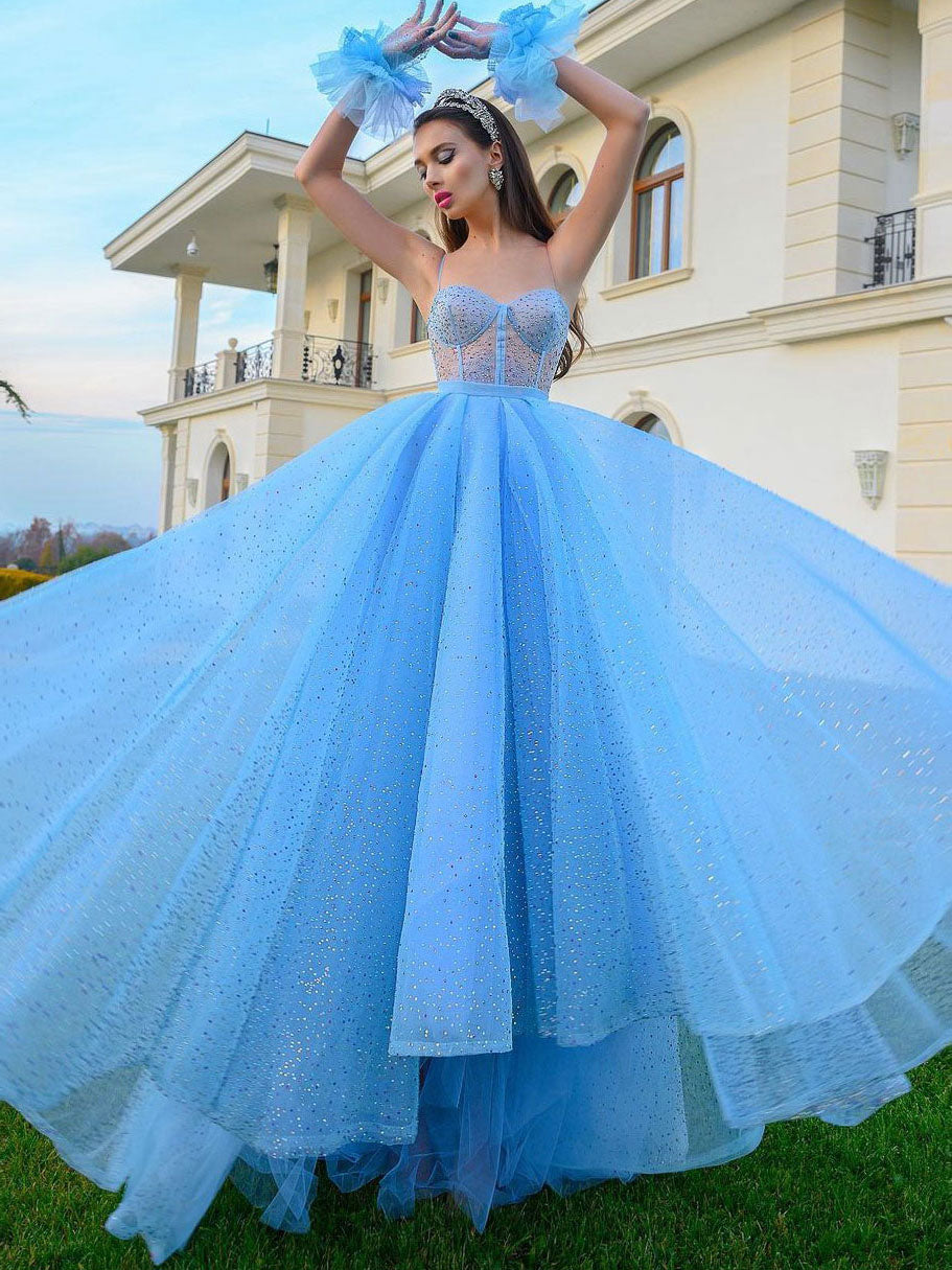 Blue sweetheart neck tulle sequin long prom dress, blue evening dress shdress Blue sweetheart neck tulle sequin long prom dress, blue evening dress shdress