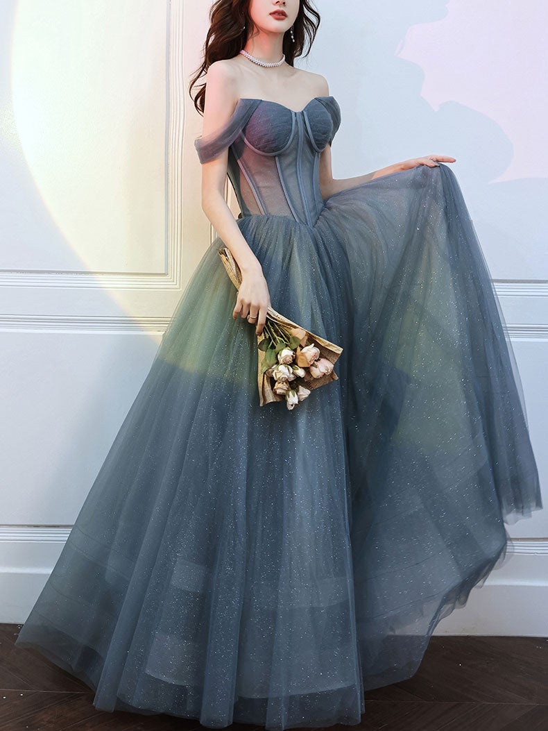Gray blue tulle sequin long prom dress, gray blue tulle formal dress