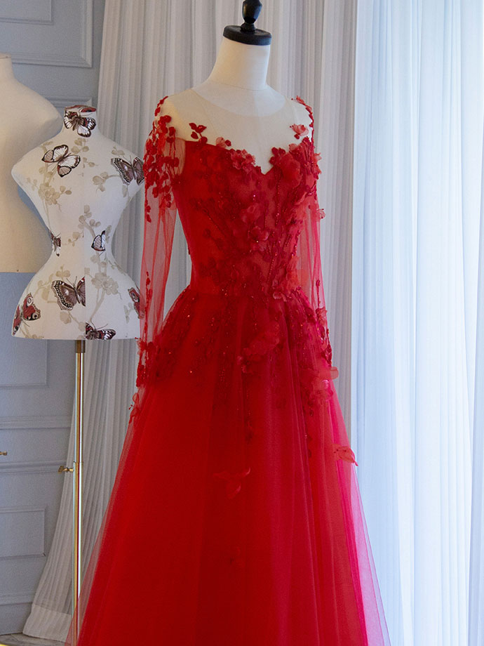 Red round neck tulle lace long prom dress, red evening dress shdress Red round neck tulle lace long prom dress, red evening dress shdress