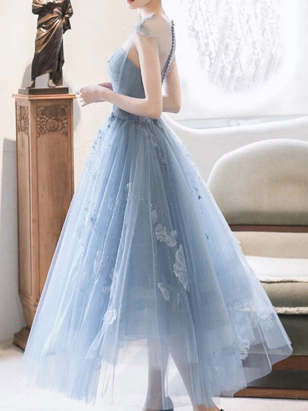 
                  
                    Blue round neck tulle lace short prom dress, blue homecoming dress
                  
                