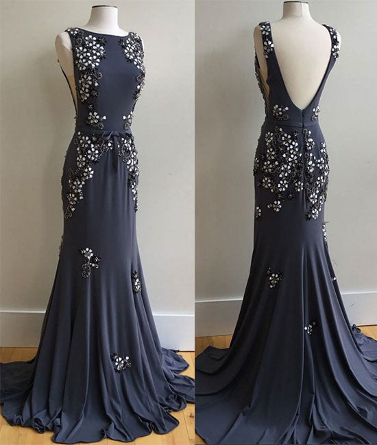 Unique applique chiffon long prom dress, backless evening dress - shdress