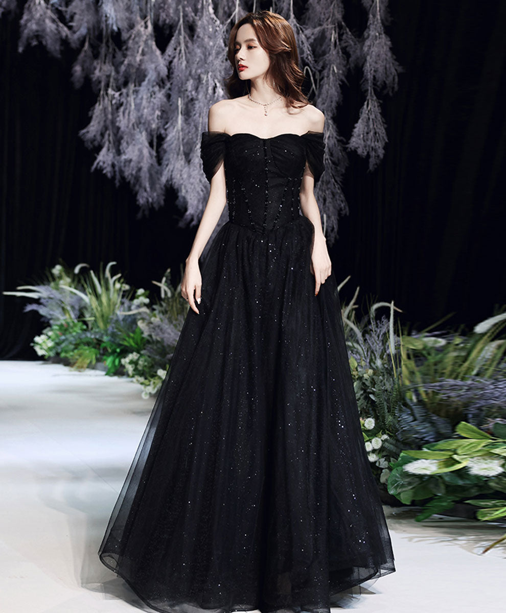 off the shoulder prom dress black Black sweetheart off shoulder long prom dress, black tulle evening dre – shdress