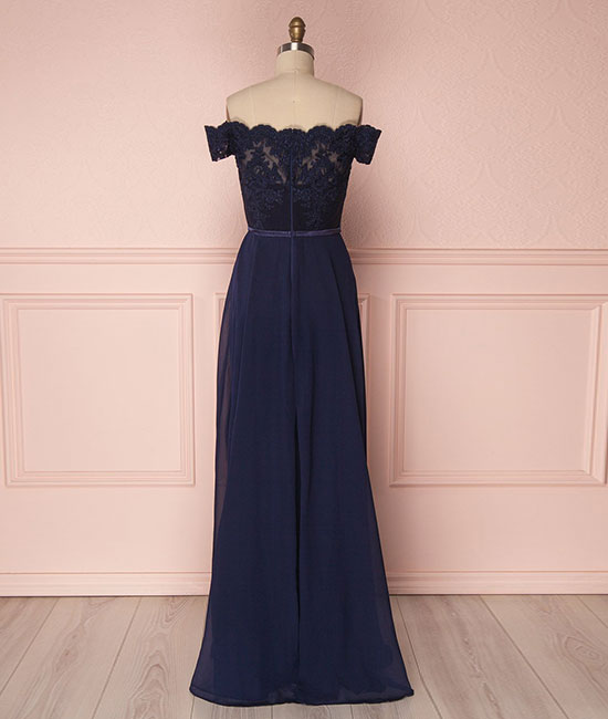 
                  
                    Dark blue off shoulder chiffon lace long prom dress, dark blue bridesmaid dress - shdress
                  
                