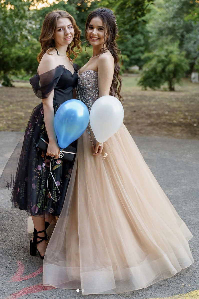 Champagne sweetheart tulle sequin beads long prom dress, formal dress
