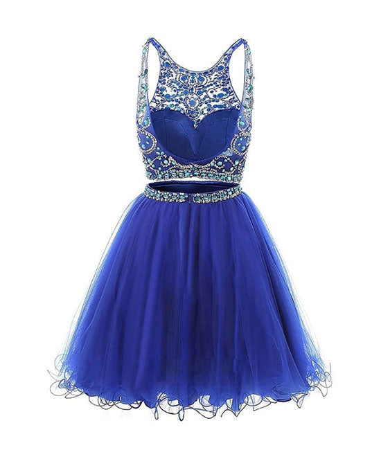 Blue two pieces tulle sequin beads short prom dress, blue homecoming - shdress