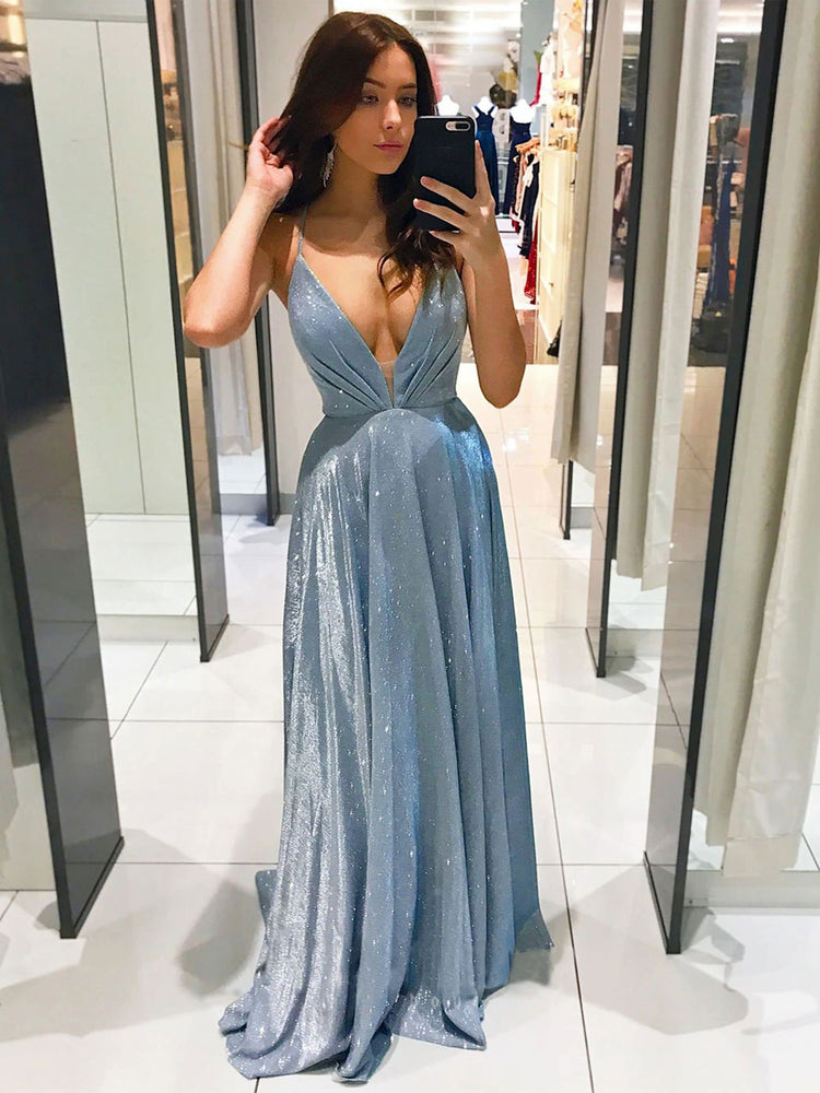 
                  
                    Simple blue satin long prom dress, blue evening dress
                  
                