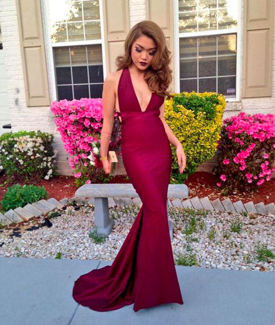 Simple Burgundy v neck mermaid long prom dress, evening dress shdress Simple Burgundy v neck mermaid long prom dress, evening dress shdress