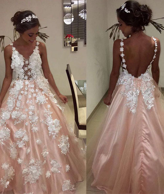 
                  
                    Pink v neck tulle lace applique long prom dress, pink evening dress - shdress
                  
                