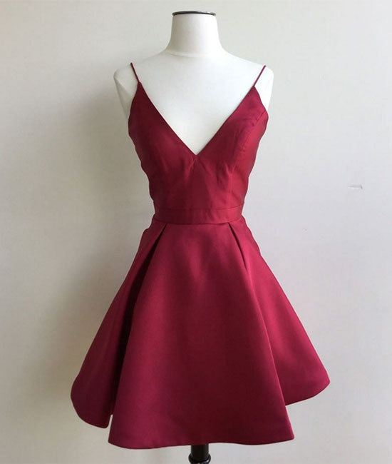 Simple v neck burgundy short prom dress, burgundy homecoming dress - shdress