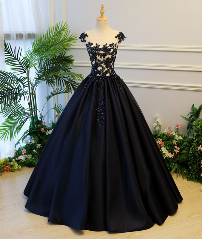 
                  
                    Black round neck satin long prom gown, black evening dress - shdress
                  
                