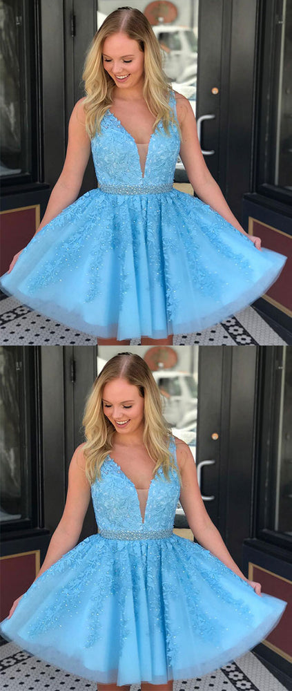 Blue v neck tulle lace applique short prom dress, cute homecoming dress - shdress
