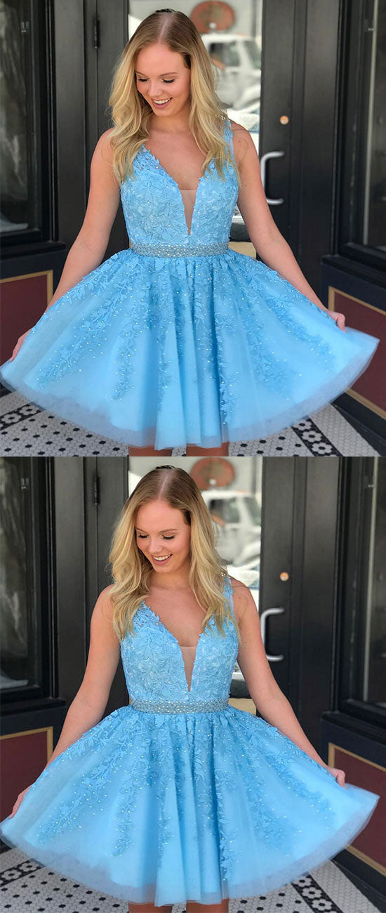 
                  
                    Blue v neck tulle lace applique short prom dress, cute homecoming dress - shdress
                  
                