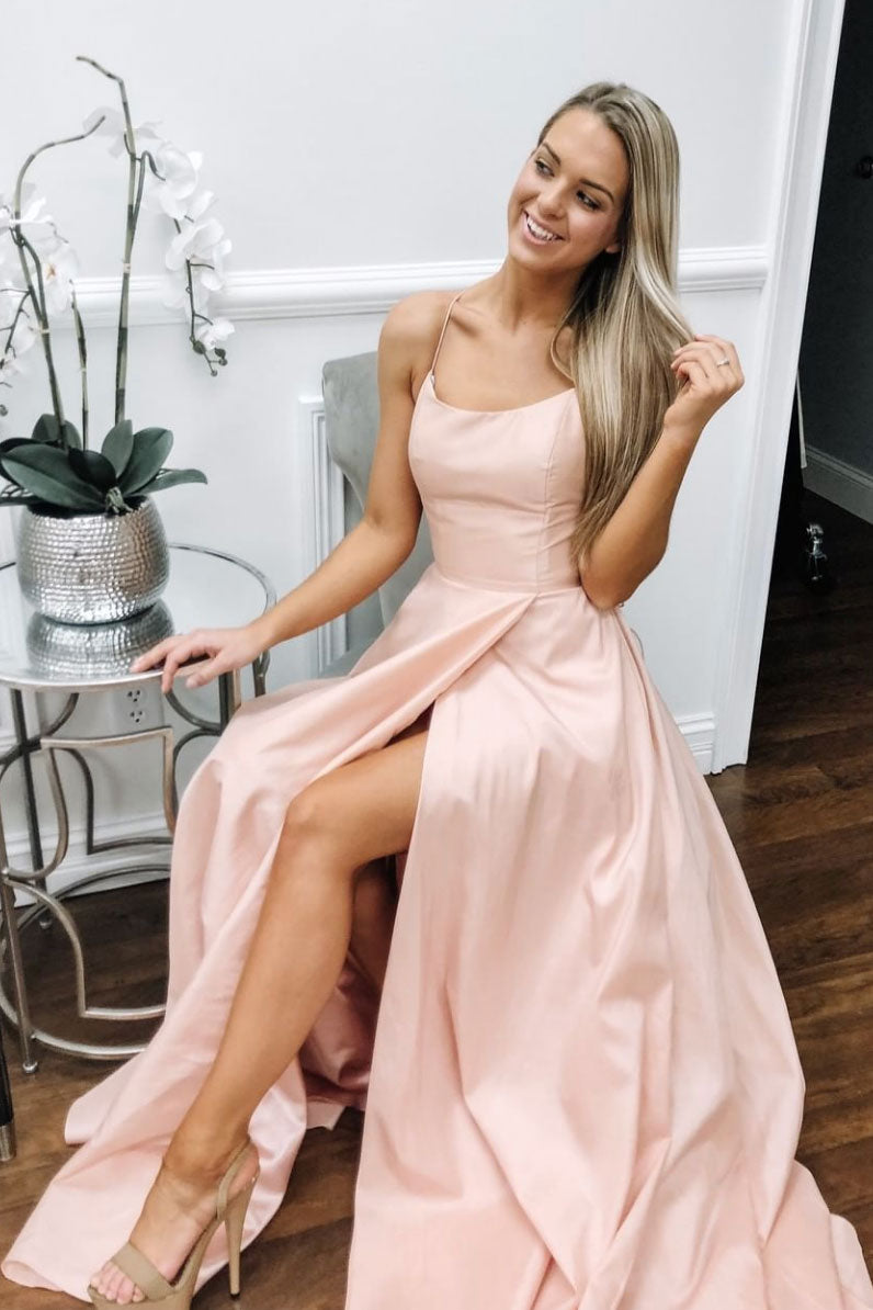 
                  
                    Simple pink satin long prom dress, pink evening dress
                  
                