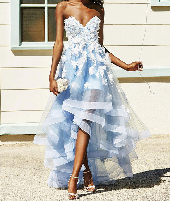 Blue sweetheart neck lace tulle prom dress, evening dress - shdress