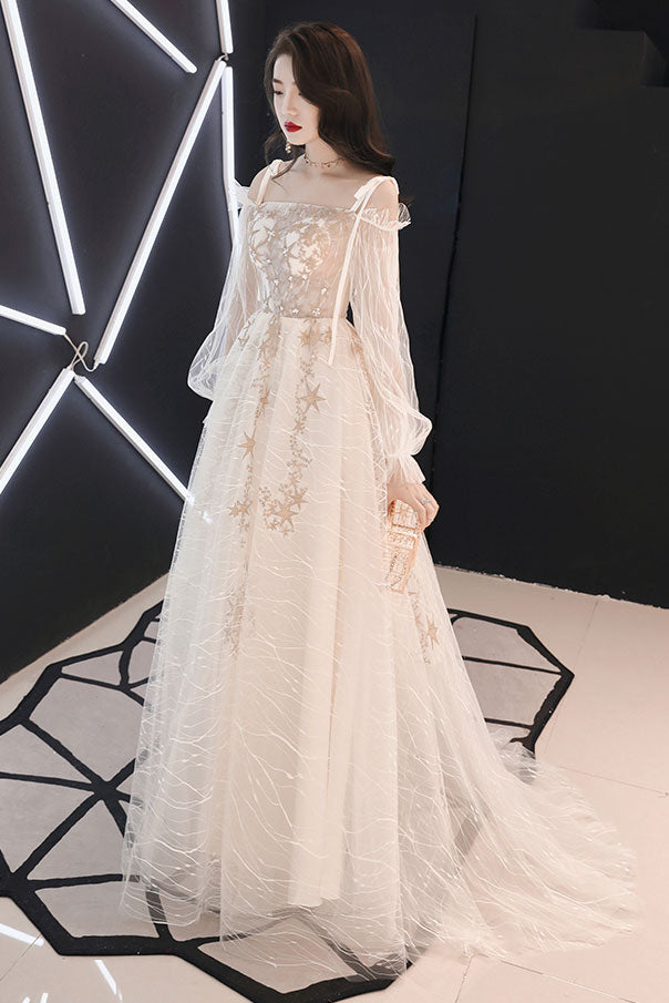 Champagne tulle lace long prom dress, champagne lace evening dress
