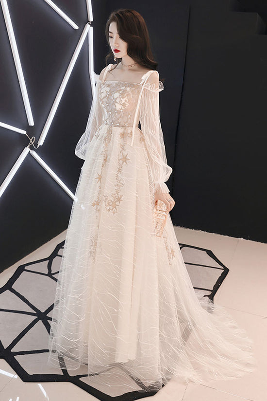 Luxury Champagne Sheer Tulle & Satin Robe Dress with Lace Bell Sleeves