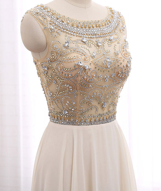 Champagne round neck chiffon beads long prom dress, champagne evening dress - shdress