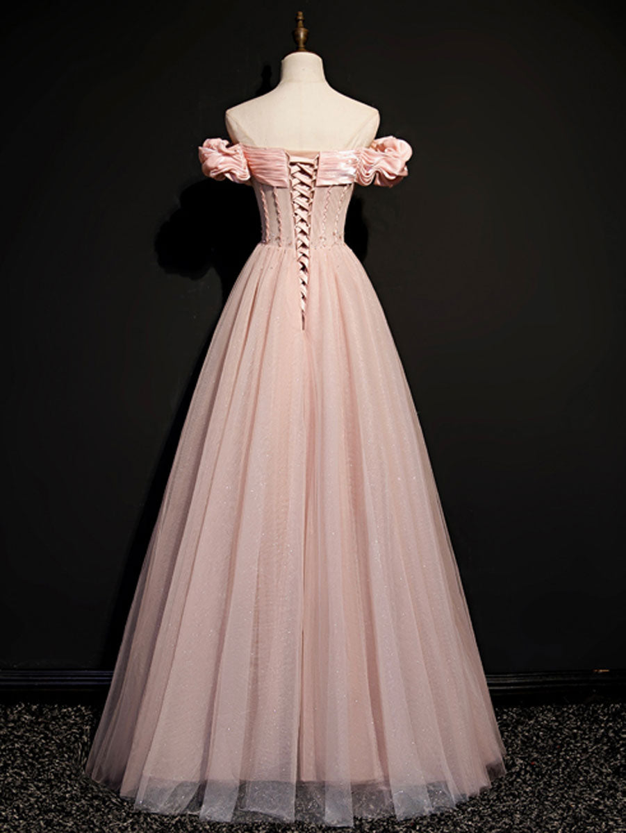 
                  
                    Pink tulle off shoulder long prom dress, pink tulle formal dress
                  
                