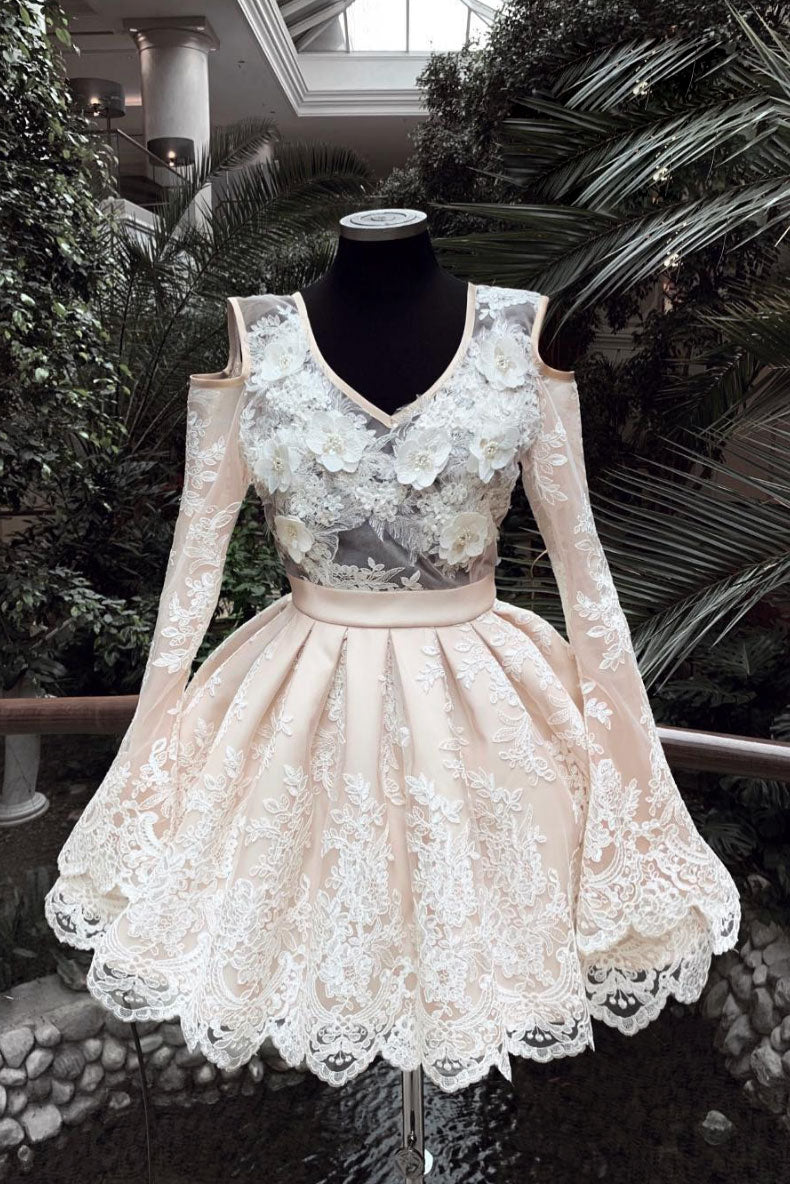 Champagne v neck lace short prom dress, lace homecoming dress shdress Champagne v neck lace short prom dress, lace homecoming dress shdress