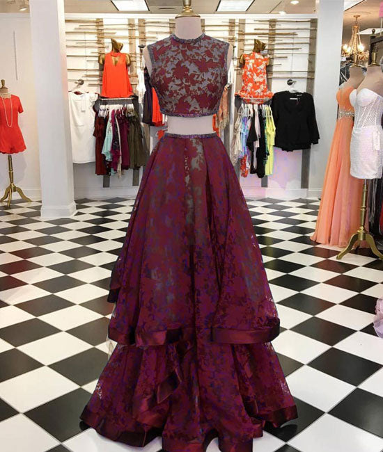 Burgundy lace two pieces long prom dress, burgundy evening dress shdress Burgundy lace two pieces long prom dress, burgundy evening dress shdress