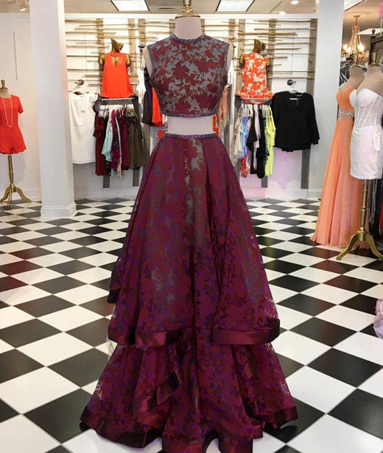 Burgundy lace two pieces long prom dress, burgundy evening dress - shdress