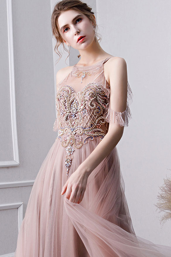 Champagne tulle beads long prom dress, champagne evening dress