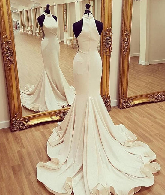 halter top mermaid wedding dress White mermaid satin long prom dress, white evening dress – shdress