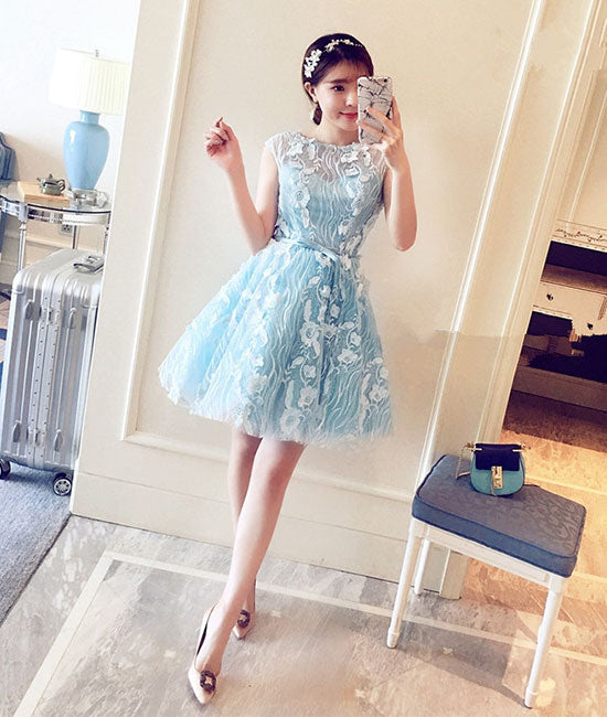 
                  
                    Cute blue round lace short prom dress, blue homecoming dress - shdress
                  
                