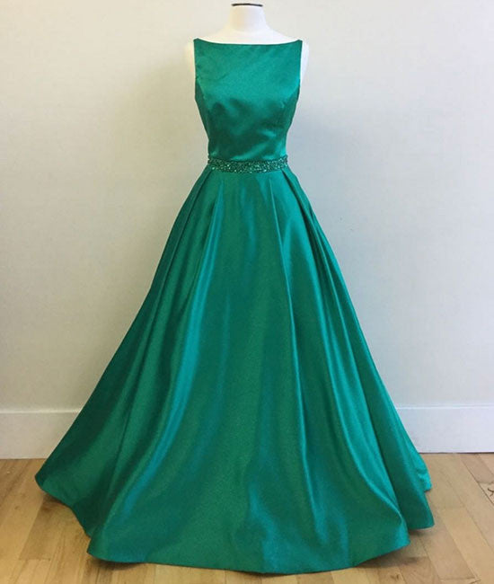 Green satin long prom dress, green evening dress - shdress