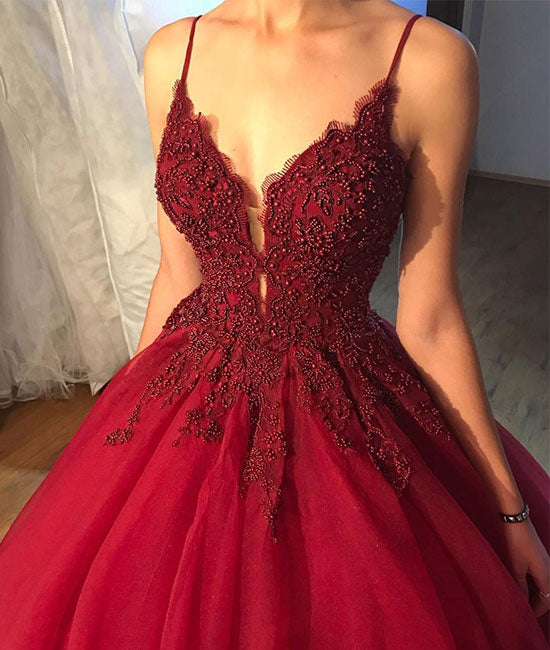 Unique v neck beads tulle burgundy long prom dress, burgundy evening dress - shdress