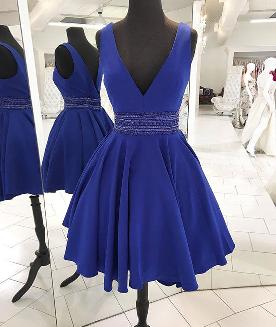 Blue v neck satin short prom dress, blue homecoming dress - shdress