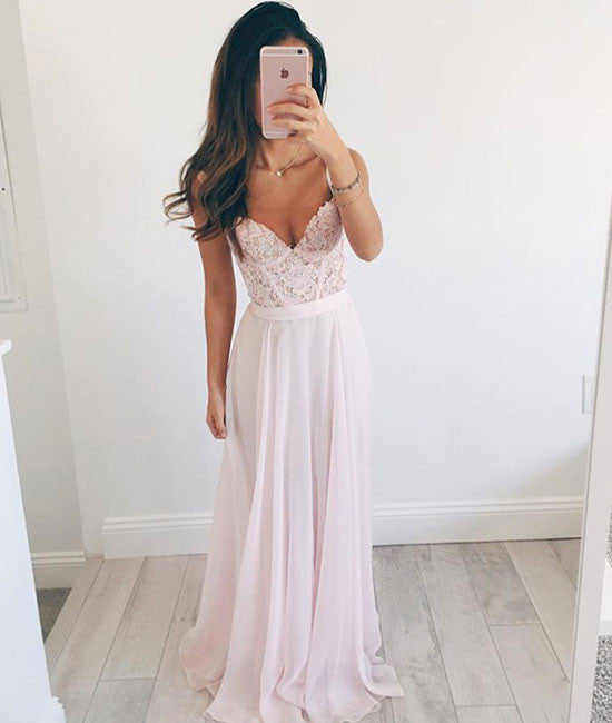 Pink Sweetheart A-line chiffon lace long prom dress, formal dress - shdress